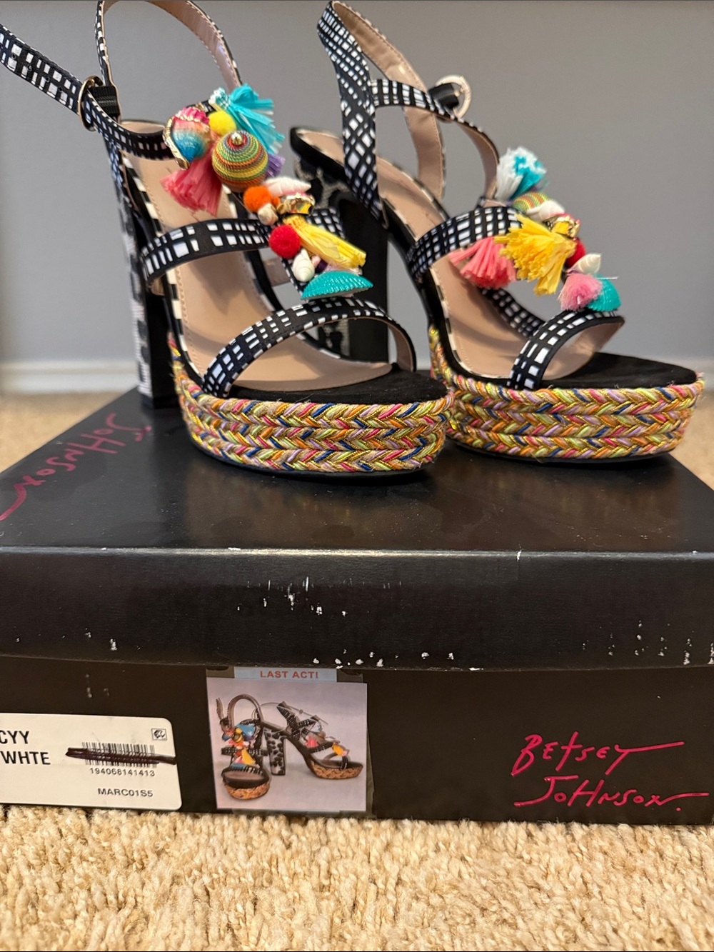 Betsey Johnson Black & White Pattern Platform Sandals with Multicolor Tassels